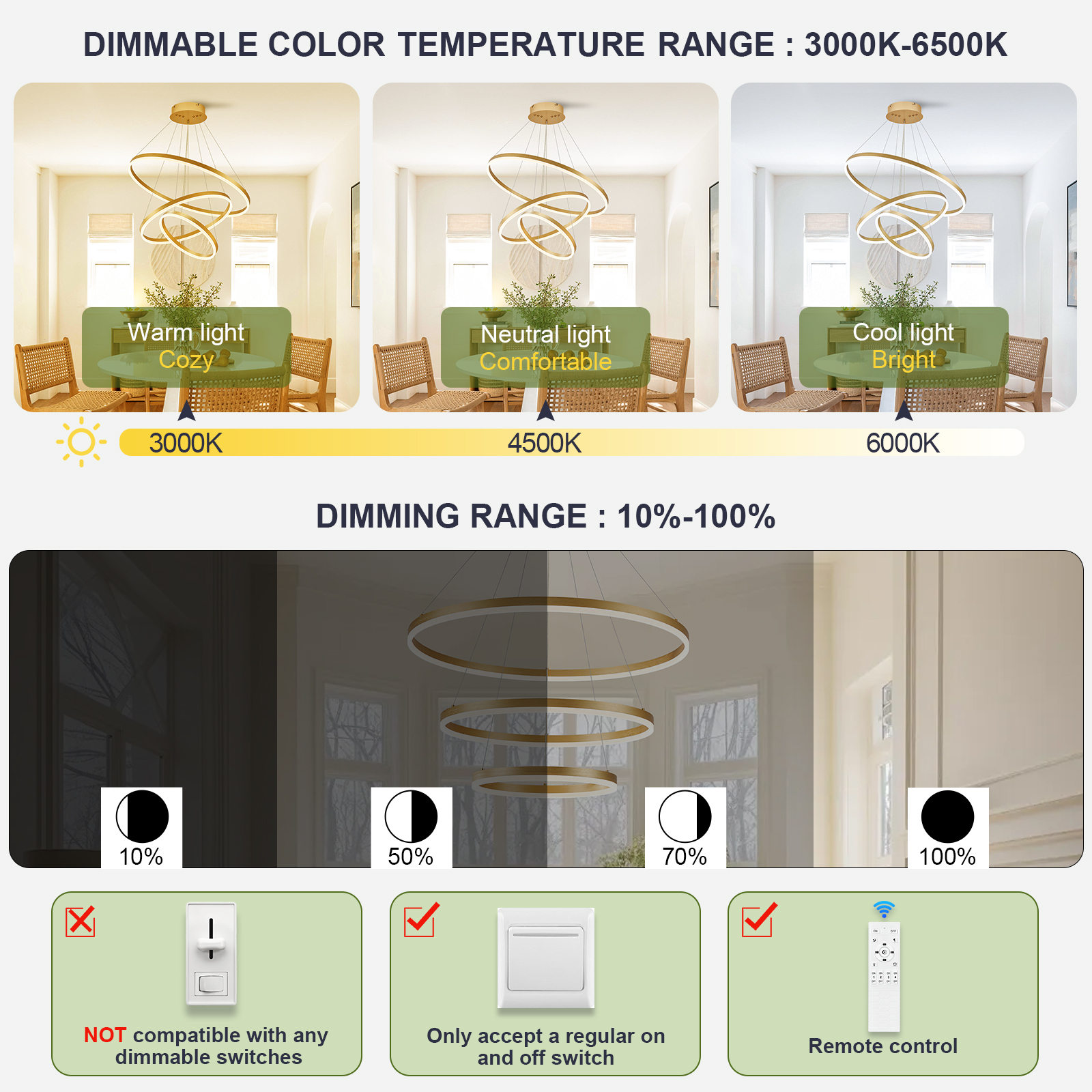 Gold 3-Rings Modern LED Chandelier Dimmable Pendant Lighting with Remote Control Circular Flush Mount High Ceiling Light for Living Room Dining Room Foyer, 3000K-6500K D31.5"