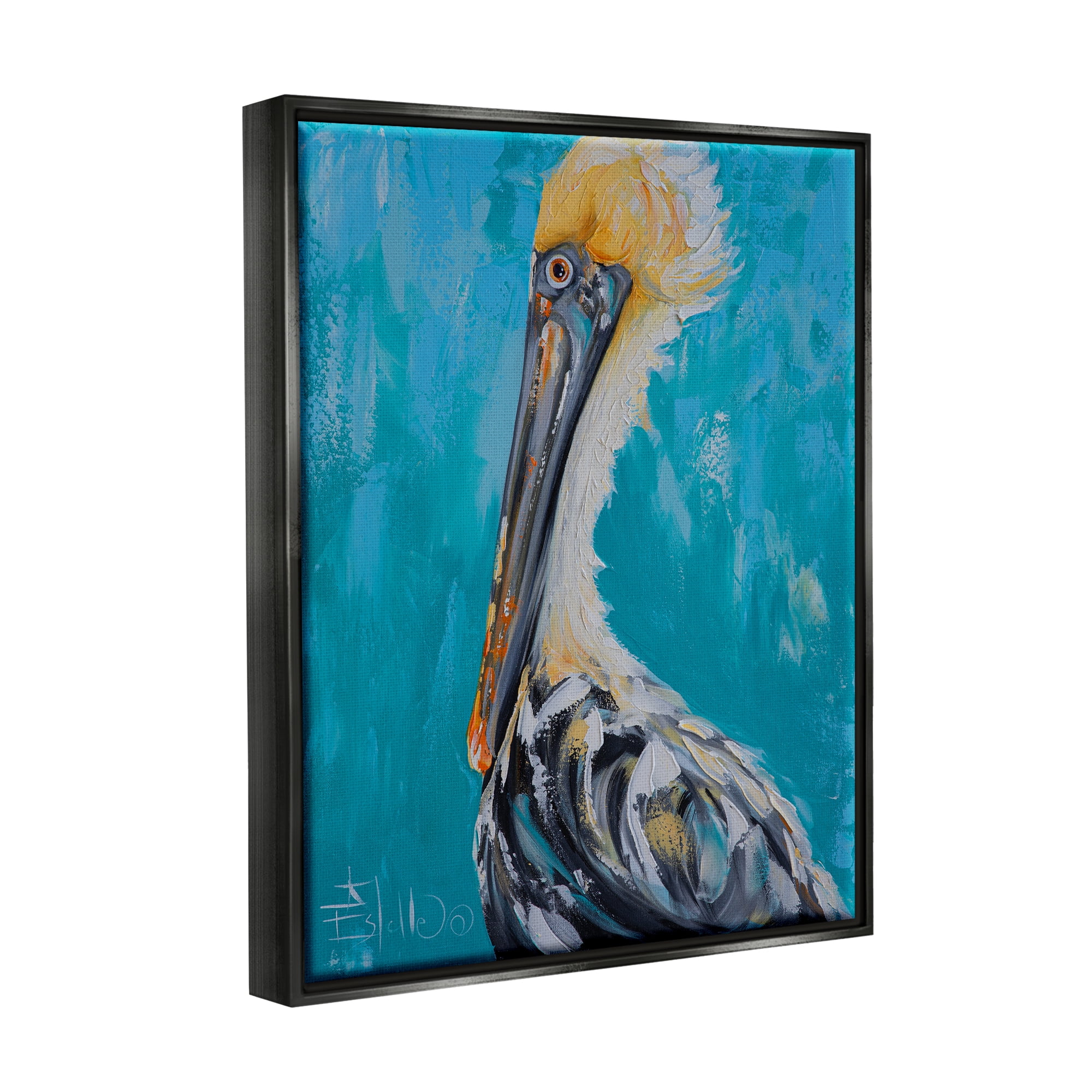 Stupell Industries Blue Pelican Painting Animals & Insects Painting Black Floater Framed Canvas Art Print Wall Art, 25 x 31