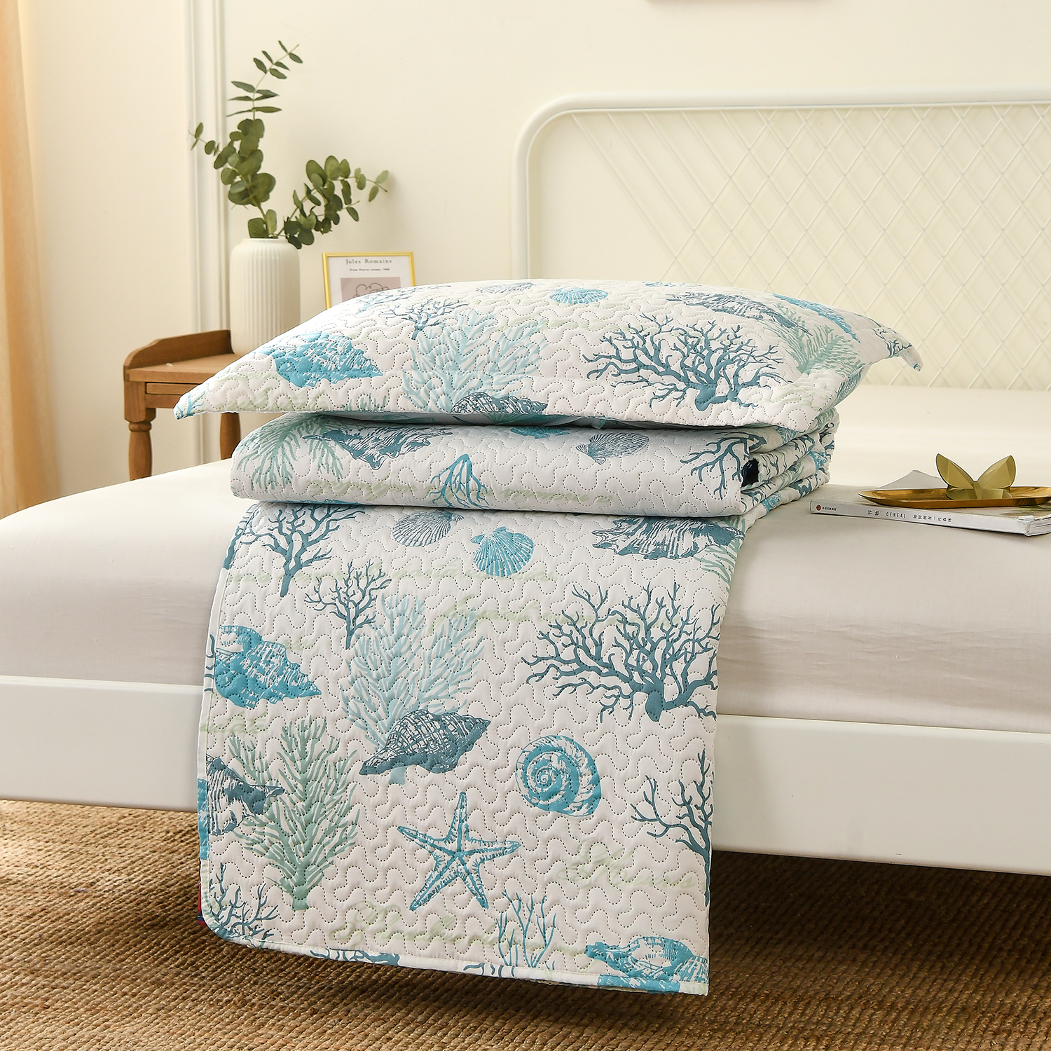 Kebury Ocean Beach Theme Quilts Bedding Set King Size Lightweight Patchwork Coastal Bedding Green Grass Coverlets Conch Seashell Starfish Seaweed Bedspreads (1 Quilt, 2 Pillow Shams)