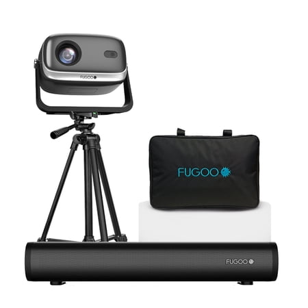 FUGOO OUTDOOR PROJECTOR & SOUNDBAR BUNDLE WITH TRIPOD & 120″ FOLDABLE SCREEN