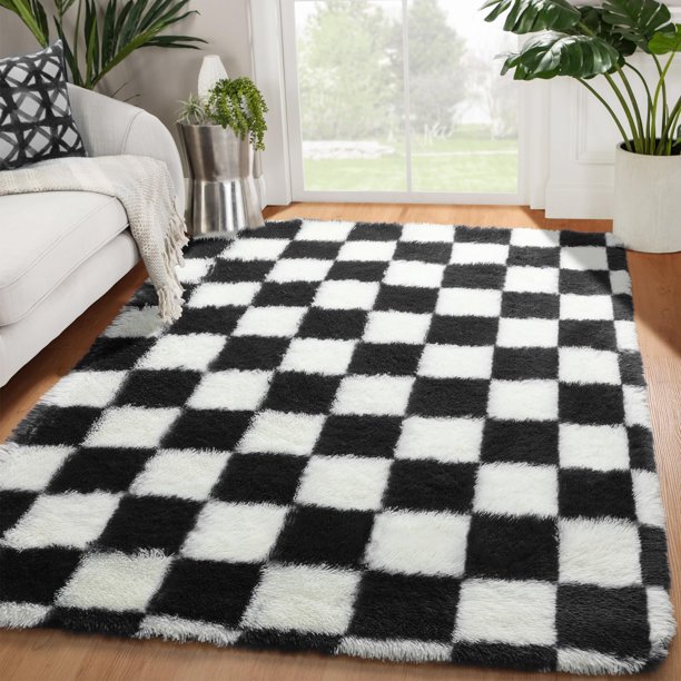 Alfombra KICMOR en blanco y negro, mullida y suave, 120 x 180 cm