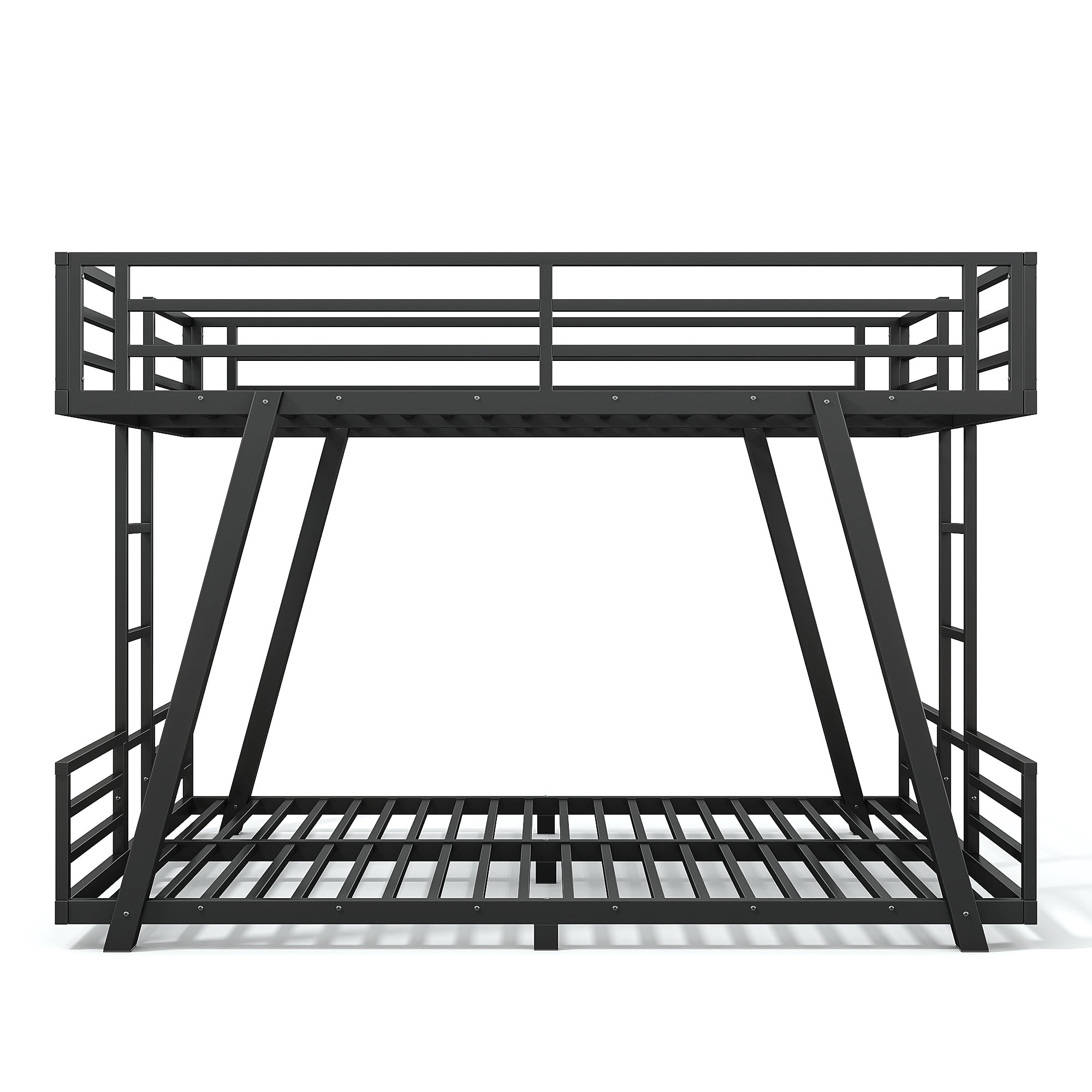 Leumius Queen over Queen Bunk Bed Frame with 2 Side Ladders, Metal Bunk Bed with Spdcial Support Leg Design and LED Light, Low Profile Bunk Bed for Teens Adults Black