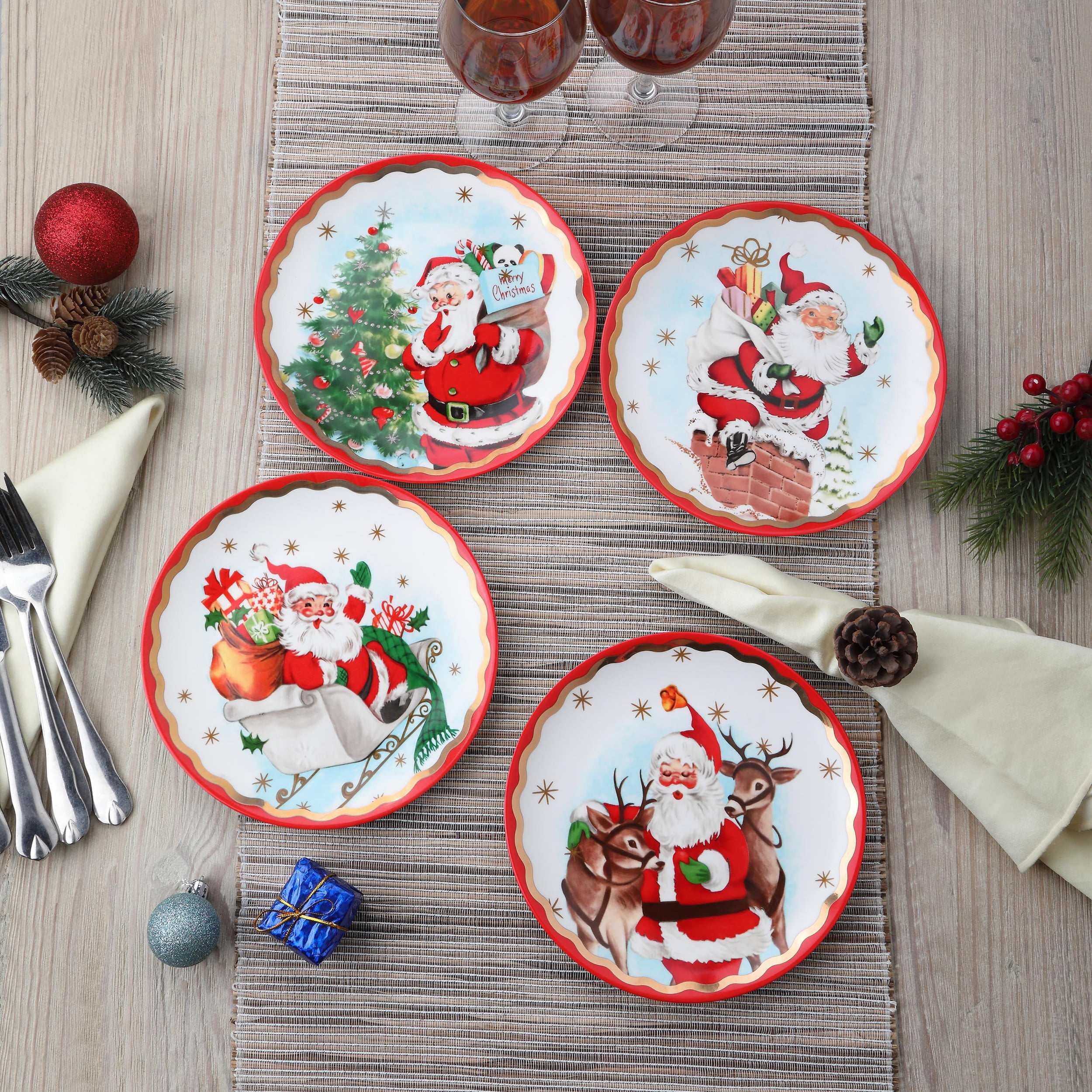 Mr. Christmas 90th Anniversary Collection Set of 4 8 Ceramic Gold Trimmed Santa Holiday Appetizer Plates Walmart
