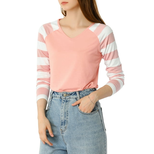 Unique Bargains Women's Striped Raglan Long Sleeve V Neck T-shirt