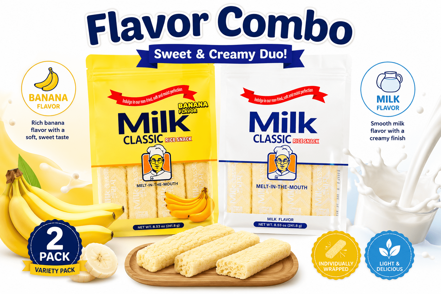 Milk Classic Korean Rice Snack Variety Pack, Banana & Milk Flavor, Non-Fried Individually Wrapped Crispy Puff Snacks, 8.53 oz Each, 2 Pack