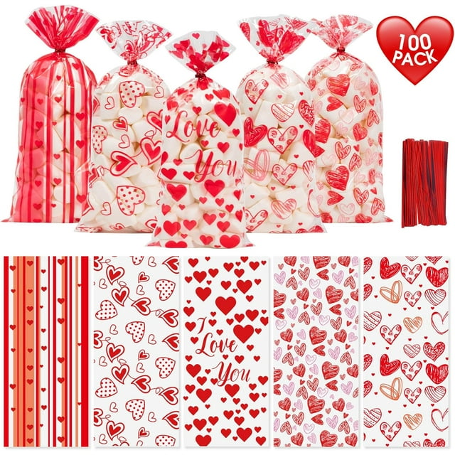 Bolsas de regalo de San Valentín, bolsas de celofán de corazón rojo, bolsa de regalo de plástico transparente para el día de San Valentín, violonchelo con lazos para bodas, aniversarios, fiestas