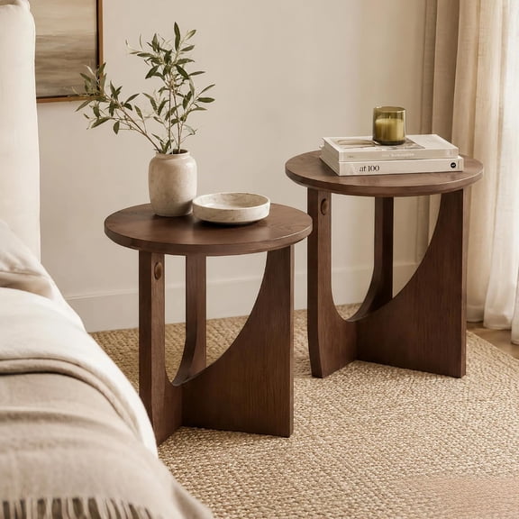 SLIYANG 100% Solid Wood Round Side Table Set of 2, 19.7" Walnut Brown End Table, Sculptural Curved Base, Minimalist Accent. Fit for living room, bedroom, reading nook