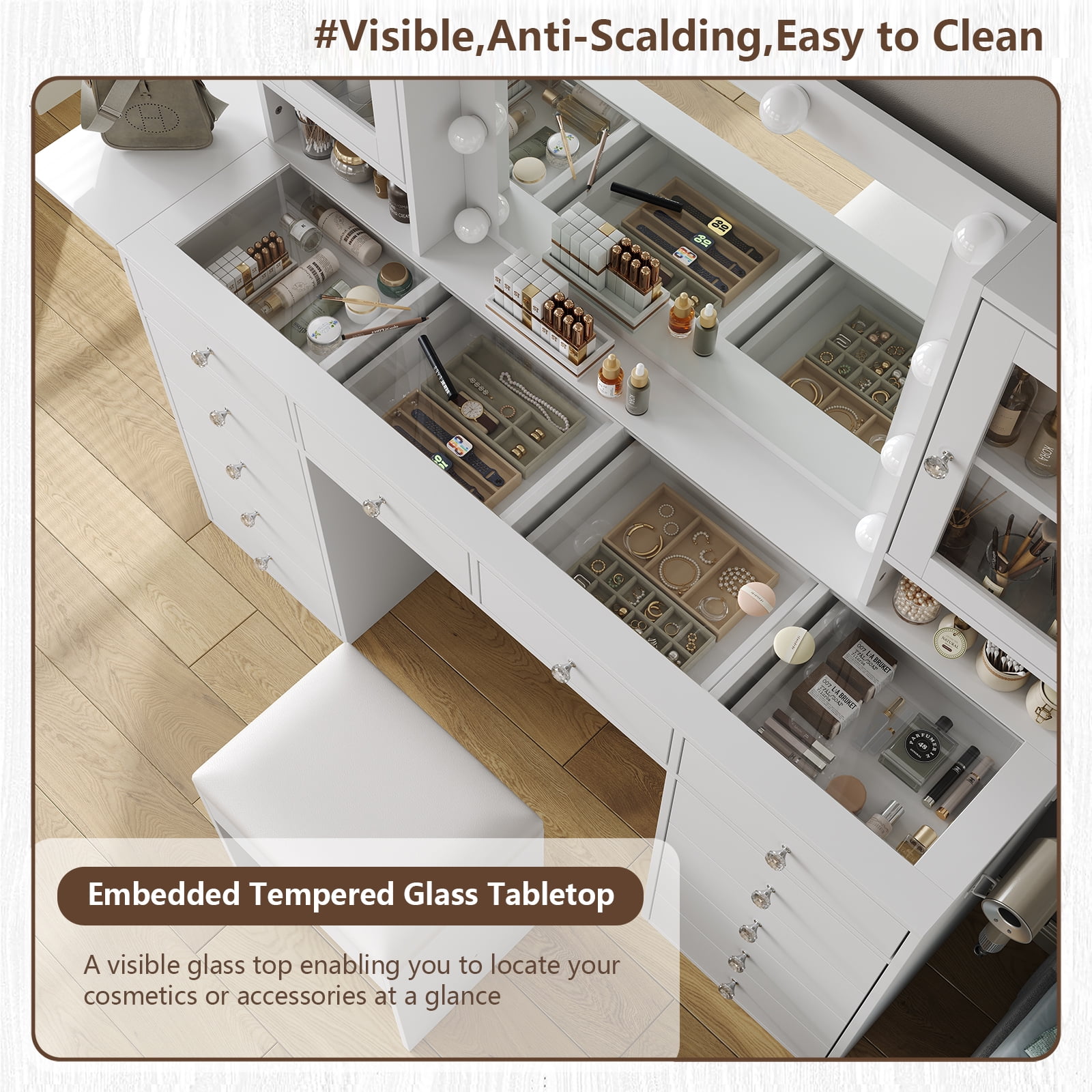 Yanosaku Vanity Desk with Mirror, 10 LED Lights, 12 Drawers, Glass Top Vanity Table with Stool for Bedroom