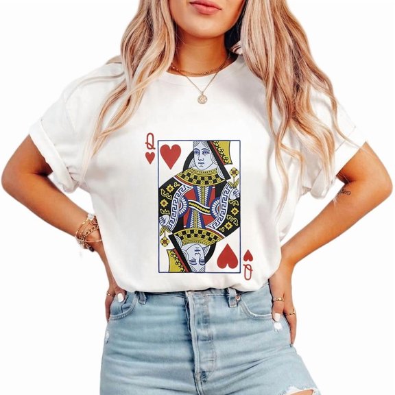 Queen of Hearts Graphic Tees for Unisex Vintage Feminist Print Tshirts Playing Cards Design Short Sleeve Casual Tops for Daily Outfits White,L