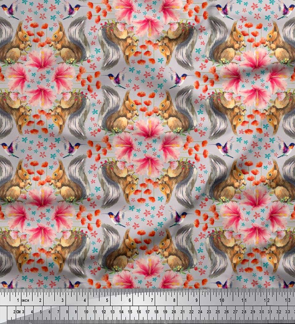 Soimoi Poly Georgette Fabric Floral,Hummingbird & Squirrel Animal Printed Craft Fabric by The Yard 42 Inch Wide