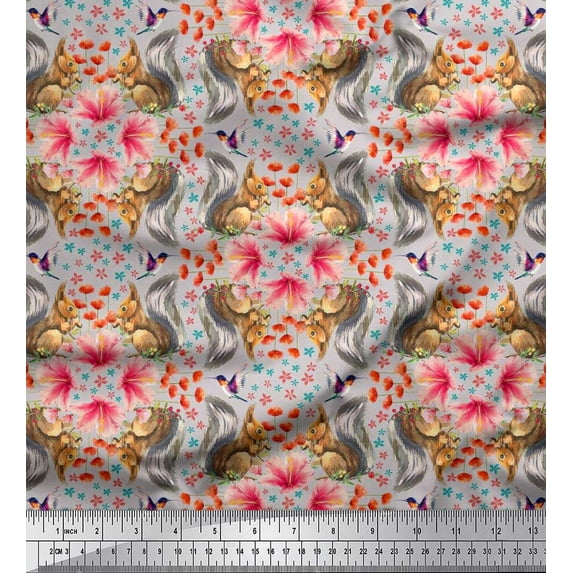 Soimoi Rayon Fabric Floral,Hummingbird & Squirrel Animal Printed Craft Fabric by The Yard 56 Inch Wide