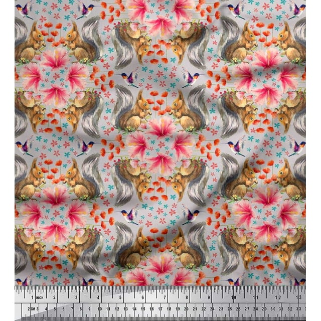 Soimoi Cotton Poplin Fabric Floral,Hummingbird & Squirrel Animal Printed Fabric 1 Yard 56 Inch Wide
