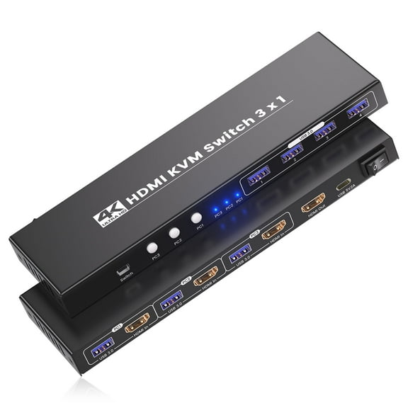 4K@60Hz HDMI KVM Switch 1 Monitor 3 Computers - Control 3 Computers with 1 Monitor, Keyboard & Mouse, Plus 4-Port USB 3.0 Hub