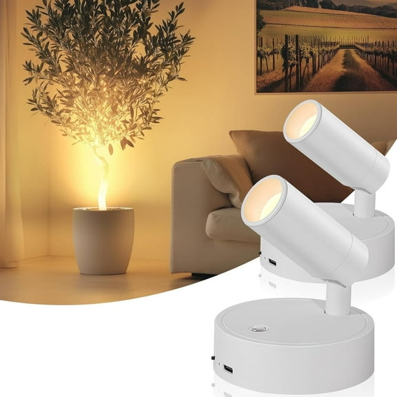 Wireless Led Spotlight Indoor, Rechargeable Uplighting Indoor with Remote Dimmable, 350° Rotate, Battery Powered Ceiling Spotlight for Artwork, Painting Tree, White 2pcs