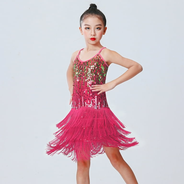 Valcatch Girl's Sequin Tassel Dress Latin Dance Skirt Clothes