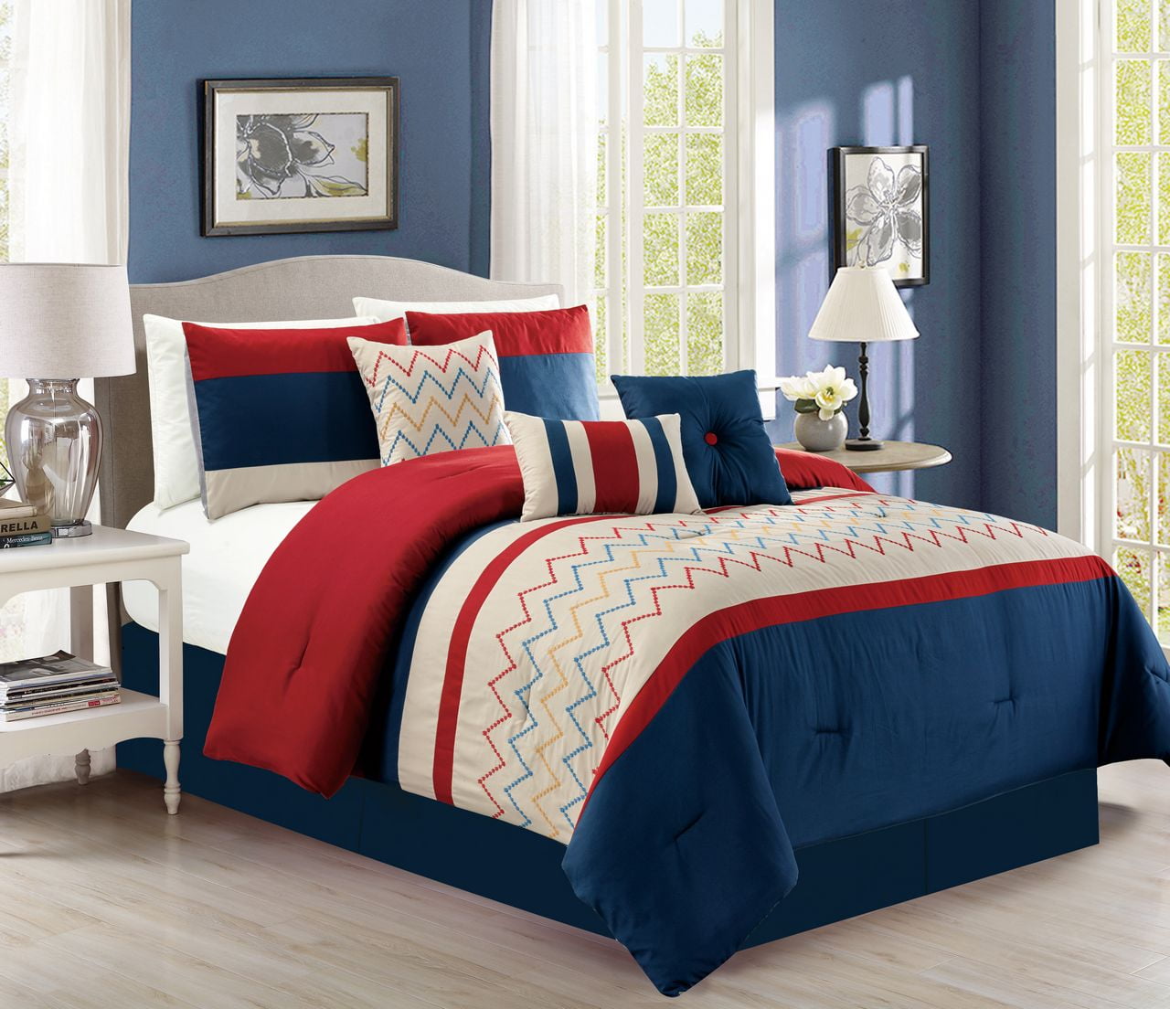 7 Piece Chevron Navy Red Beige Comforter Set Walmart Com