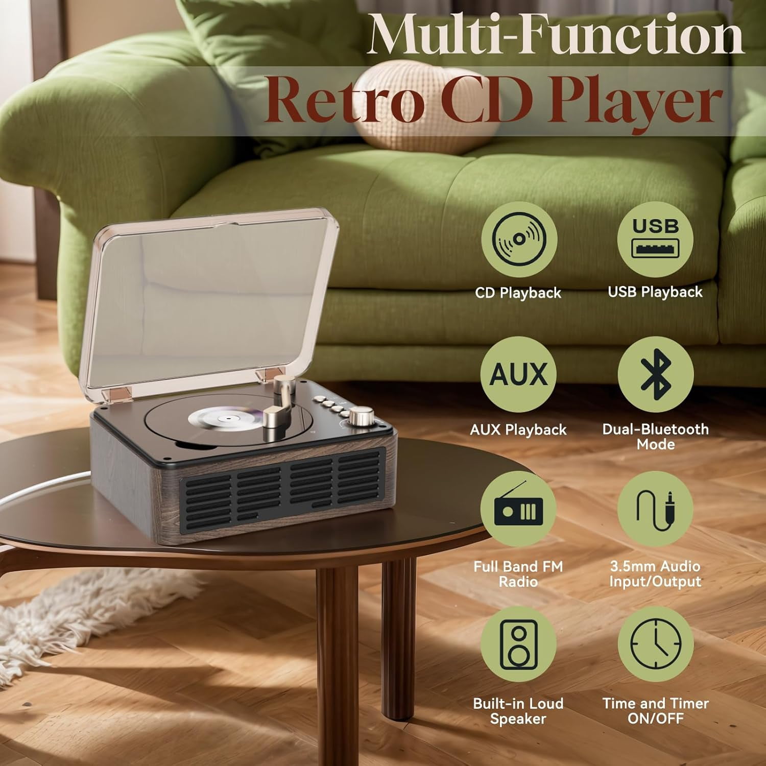 Gueray CD Player with Hifi Stereo Sound Vintage CD Player Bluetooth CD Raido Player with Speakers & FM Radio Retro Support USB & AUX Playback for Audio Books