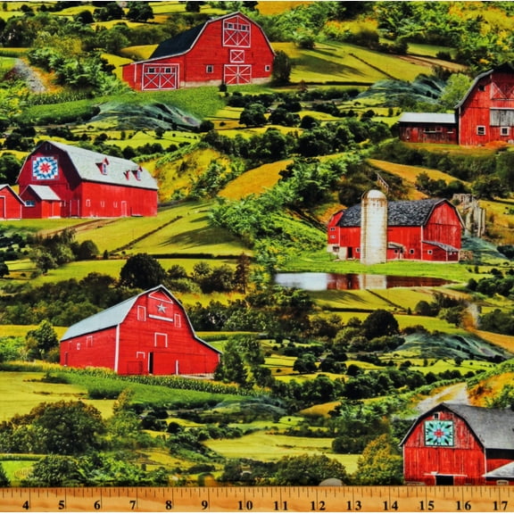 Cotton Rolling Hills Pasture Scenic Farm Barns Green Cotton Fabric Print by the Yard (NATURE-CD2912-GREEN)