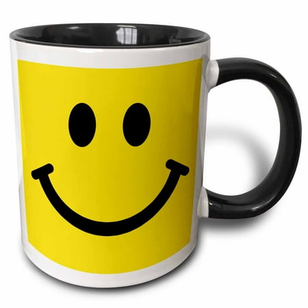 - 3dRose Yellow smiley face - happy smiling cartoon - 60s jolly cheerful bright - Two Tone Black Mug, 11-ounce