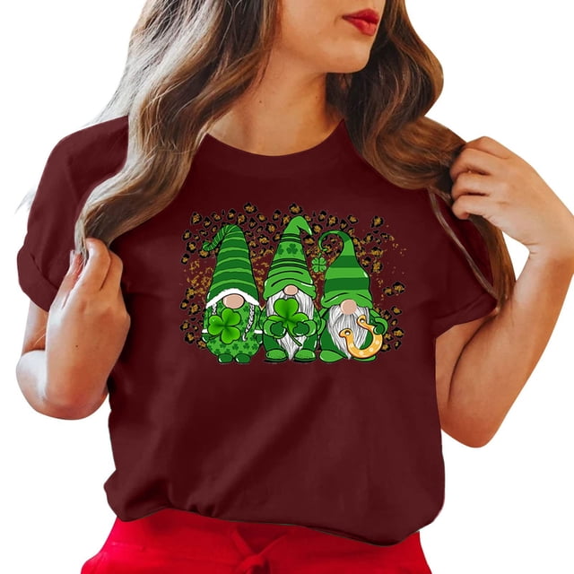 LSLJS Col Rond Imprimé Trèfle de Saint Patrick Manches Courtes Décontracté Ample Manches Courtes Col Rond Haut/chemise, Cadeaux pour Femmes
