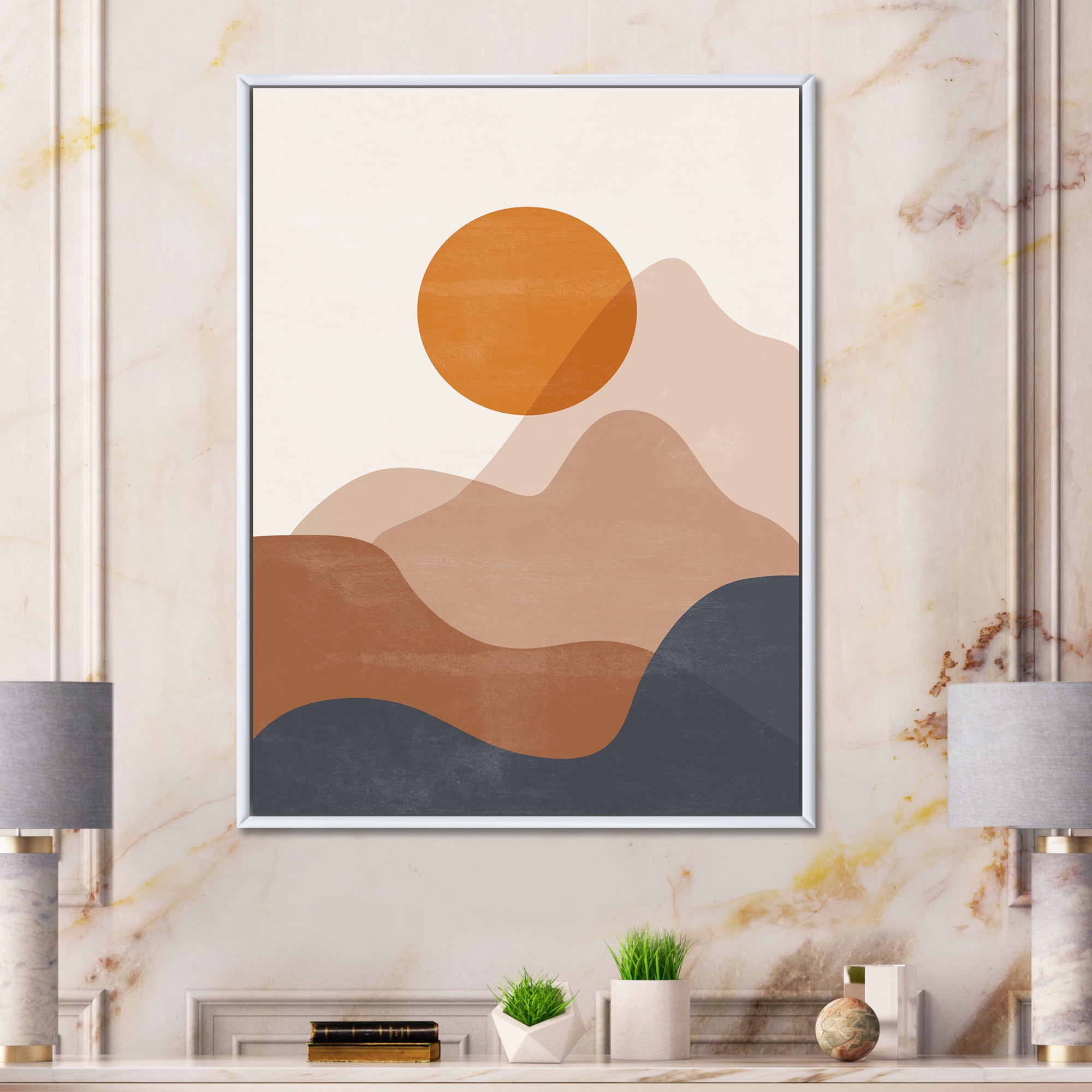 Abstract Earth Toned Mountains With Red Moon II 12 in x 20 in Framed Painting Canvas Art Print, by Designart