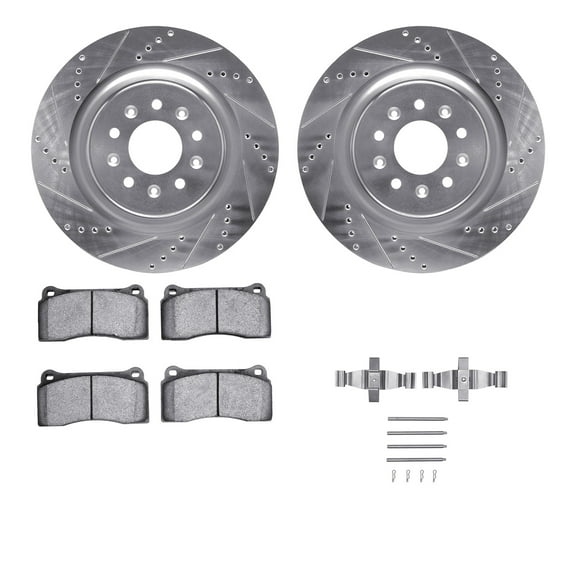 Dynamic Friction Company Front Brake Rotors-Drilled and Slotted-Silver with 5000 Advanced Brake Pads includes Hardware 7512-20082