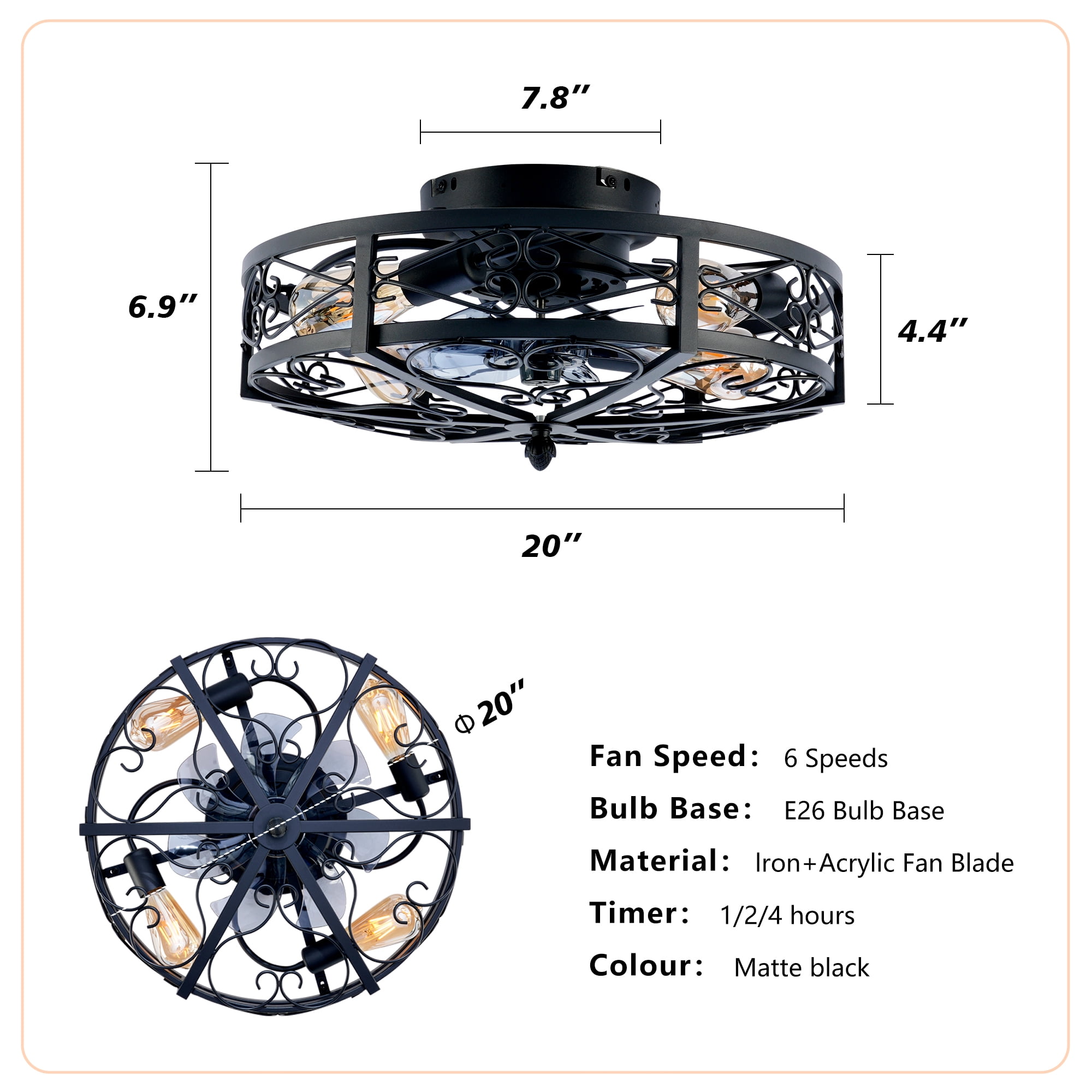 Leumius 20" Black Flush Mount Ceiling Fan with Light, Reversible Motor and DC Remote Control,6 Speed Ceiling Fan,Timing for Living Room Bedroom Dining Room(NOT Included Bulbs)