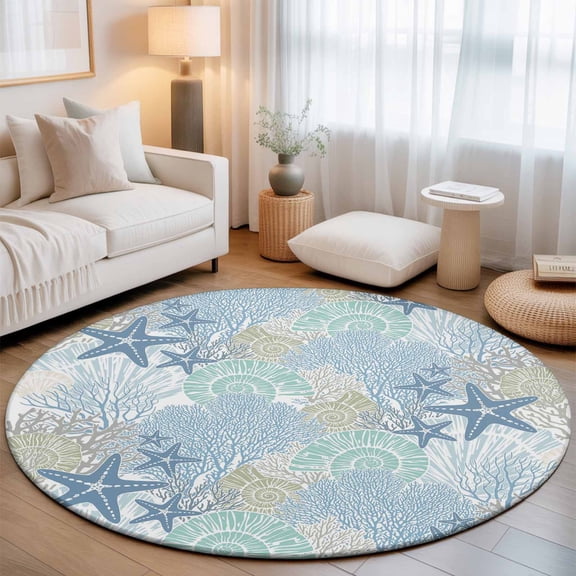 Small Round Rug 3Ft, Coastal Coral Non-Slip Washable Circle Rugs Carpet, Nautical Ocean Starfish Conch Shells Indoor Outdoor Rug Floor Mats Throw Runner for Bedroom Living Room Bathroom