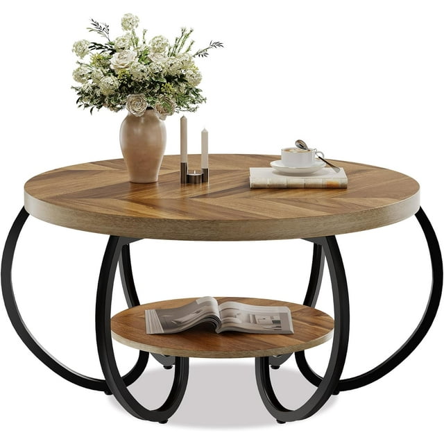 Bingirl Table Basse Ronde de Style Ferme de 30 Pouces avec Tablette de Rangement, Table Centrale Rustique à 2 Niveaux en Bois avec Pattes Métalliques Courbées, Meuble Compact pour Salon