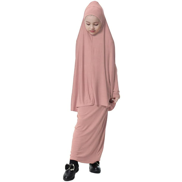 Vestido largo abaya con hijab, elegante y ligero para Ramadán para niñas. Rosa oscuro l