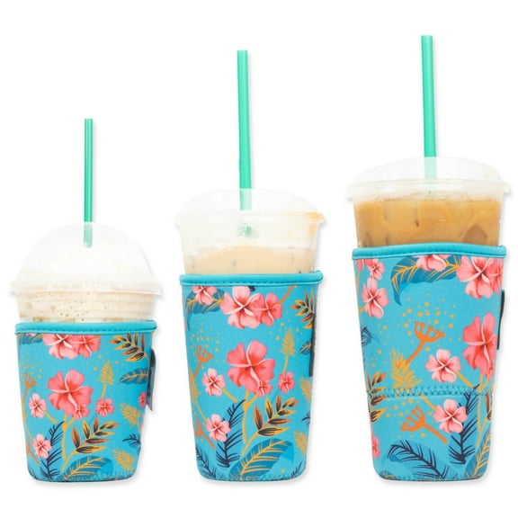 3-Pack (16-32oz) Reusable Neoprene Insulator Sleeve for Iced Coffee or Cold Beverage Cups (Turquoise Floral)
