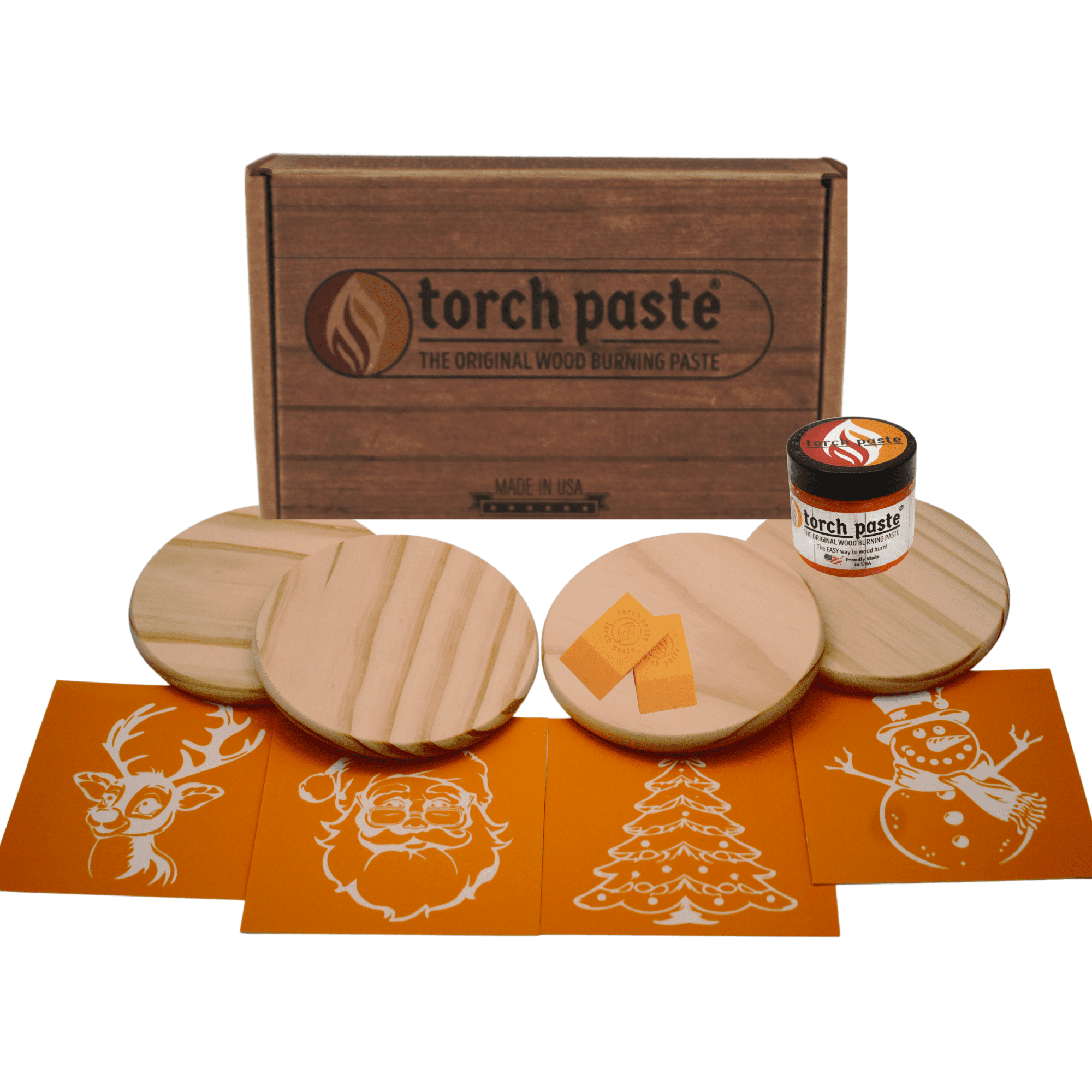 Torch Paste Classic Christmas Ornament/Coaster Kit | 4 Reusable Stencils | Santa, Reindeer, Snowman, Christmas Tree | 2 Squeegees | 4 Wood Rounds