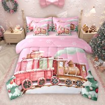 Manfei Girls Christmas Gifts 7-Piece Bedding Comforter Set,Retro Train King Bedding Sets,Chic Xmas Tree Bed Sheets For Kids,Breathable Home Decor Reversible