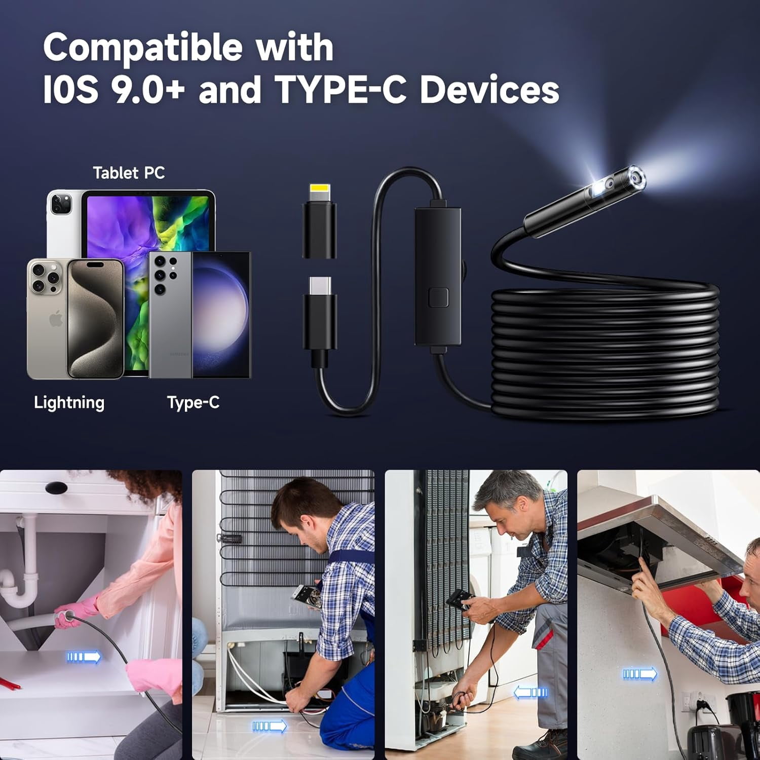 Dual-Lens Endoscope Camera with Light, 1920P HD Borescope with Adjustable LED Lights, IP67 Waterproof 16.5FT Semi-Rigid Snake Cord Inspection Camera for iPhone, iPad and Android Phone