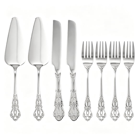 8-Piece Silver Cake Knife and Server Set with Forks, Stainless Steel Dessert Cutting Set for Weddings, Engagements and Anniversaries, Daily Use