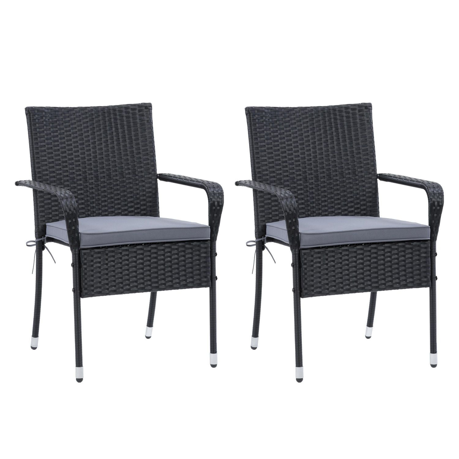 CorLiving Parksville 7-Piece Rectangle Resin Wicker Patio Dining Set- Stackable Chairs - Black Finish/Ash Grey Cushions