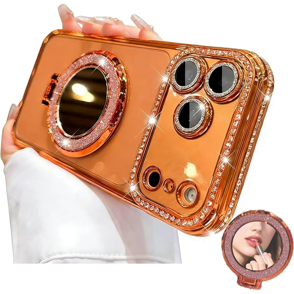 Sparkling Diamond Women's Phone Case with Mirror & Stand for iPhone 12/13/14/15/16/17 Pro Max, Non Slip and Portable for Outdoors, Travel (B,17promax)