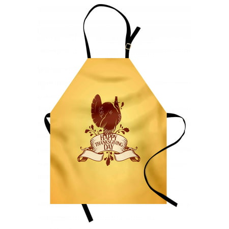Turkey Apron Brown Turkey Silhouette Sitting on a Celebratory Banner with Rural Flowers, Unisex Kitchen Bib Apron with Adjustable Neck for Cooking Baking Gardening, Marigold Brown Cream, by
