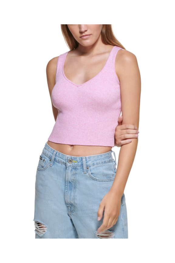JEANS Womens Pink Ribbed Cropped Heather Sleeveless V Neck Tank Top XL