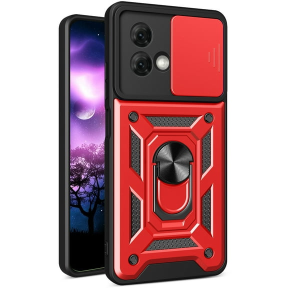 CCSmaller for Motorola G84 5G Case with Slide Camera Cover for Men, Military Grade Drop Phone Cover Case with Rotate Ring Kickstand for Moto G84 5G SJ Red