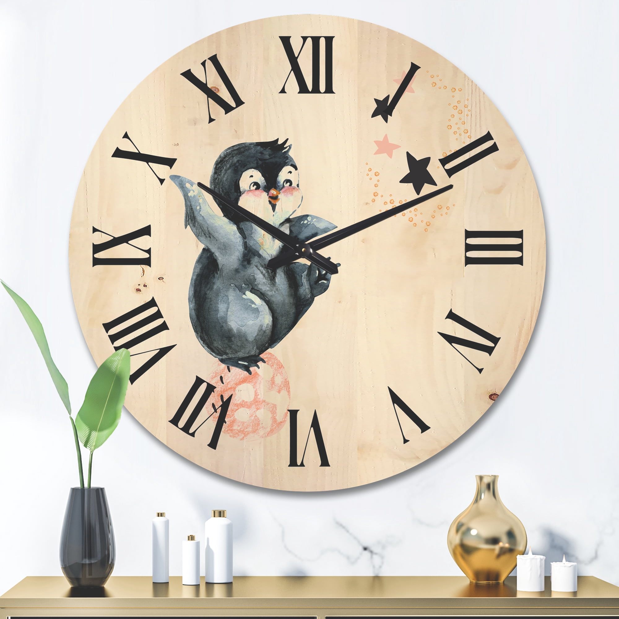 Designart 'Little Penguin With Planets and Stars II' Farmhouse Wood Wall Clock