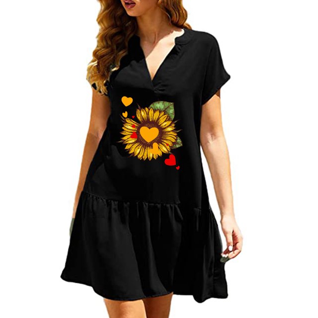 Robes en Lin d'Été pour Femmes Manches Courtes Décontractées Robe Courte Ample Col en V Imprimé Tendance T-Shirts Fluides Robe A1