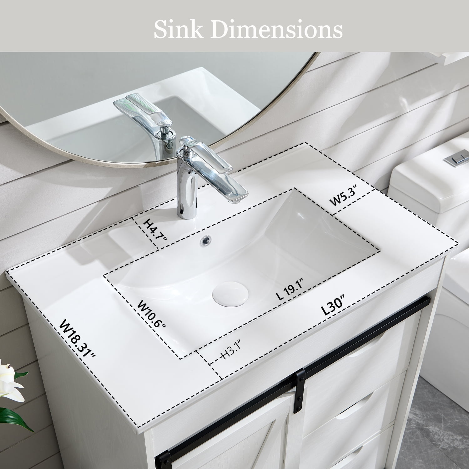 wow97e Farmhouse Bathroom Vanity with Sink, 24" Freestanding Bathroom Vanity Cabinet with Sliding Barn Door, 3 Storage Drawers & Adjustable Shelves