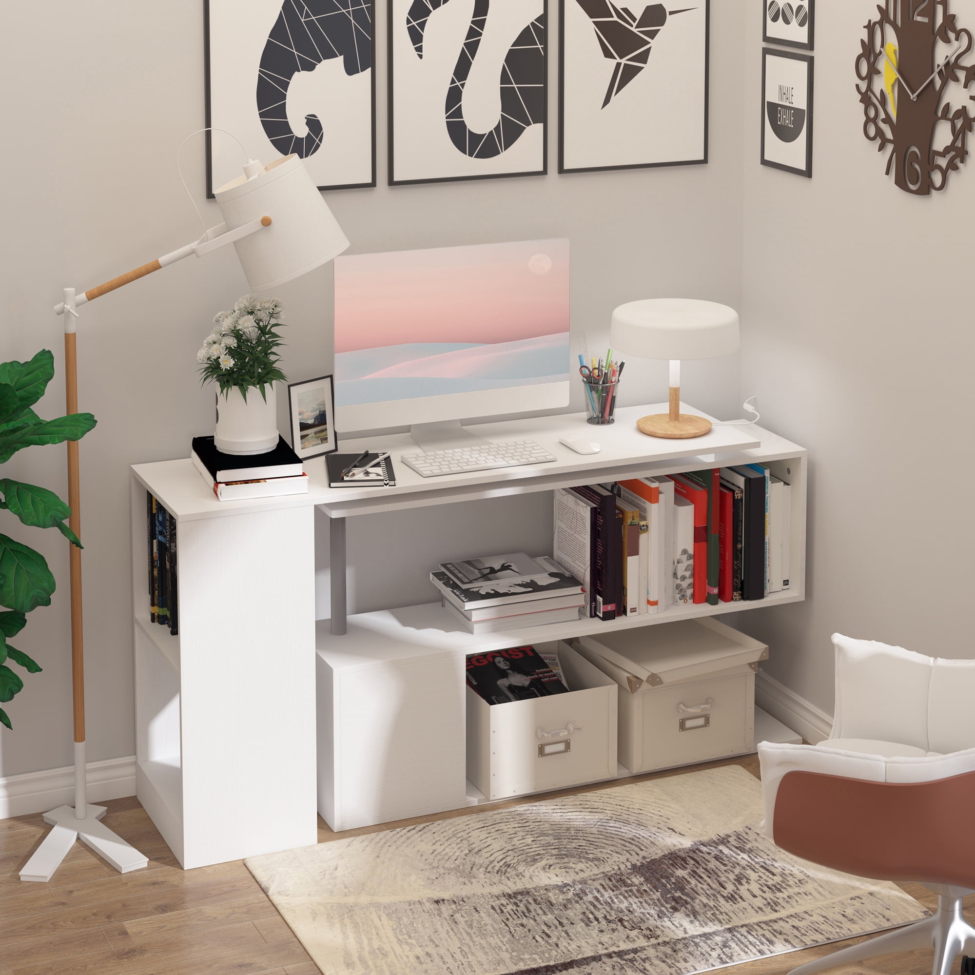 Office Desks 55" 360° Rotating Corner Computer Desk Modern L-Shaped Home Office Workstation with 3-Tier Storage Shelves, Bookshelf, White,Wooden Office Desks