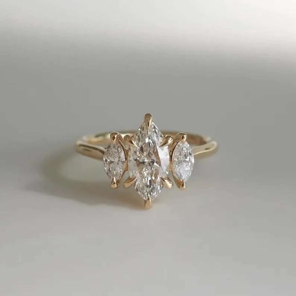 vylahjewellery Three Stone Moissanite Wedding Ring 6 Prongs Marquise Cut Diamond Anniversary Gift Ring 18K Yellow Vermeil Gold Engagement Women's Ring Birthday Gift Ring for Special One