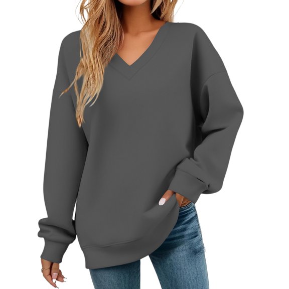 Women's Fashion V-neck Cozy Long Sleeved Sweatshirt Pullover Casual Sweat Shirts Cute Fall Winter Loose Fit Outfits