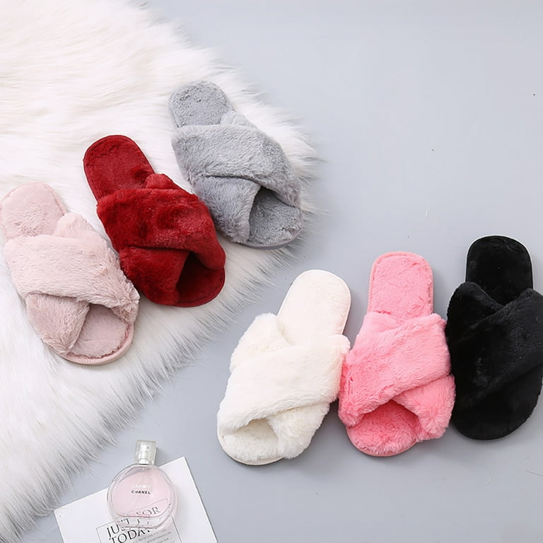 Finvizo Fuzzy Slippers Women's Cross Band Fluffy Slippers Open Toe