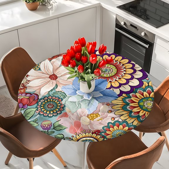 Multicolor Boho Floral Elastic Fitted Round Tablecloth Vintage Watercolor Flowers Waterproof Outdoor Table Cover for Holiday Party, Picnic, Patio & Dining Fits Tables Up to 36"-44"