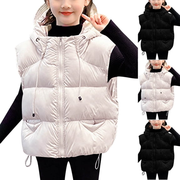 NAISIBABY Girls Winter Vest Jacket 5T, Drawstring Hooded Thermal Lined Windproof Puffer Outerwear with Pockets White (4-14T)