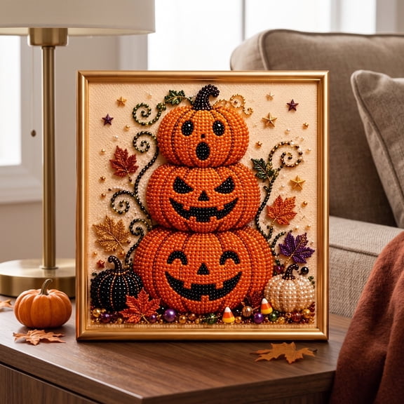 Halloween Pearl 3D Diamond Art Craft Kit with Frame Full Drill Resin Painting for Adults Stacked Jack-O-Lantern Fall Maple Leaf Pumpkin Wall Decor Holiday Hobby Gift for Beginners